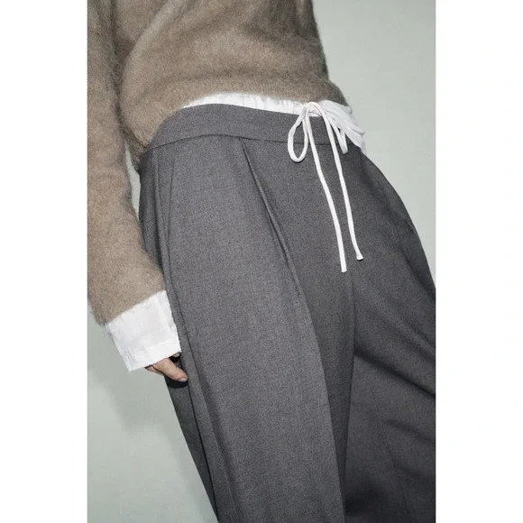 ZARA Trouser Wide Leg Pants Double Elastic Waist Drawstring Gray  L Tailored - Picture 5 of 8